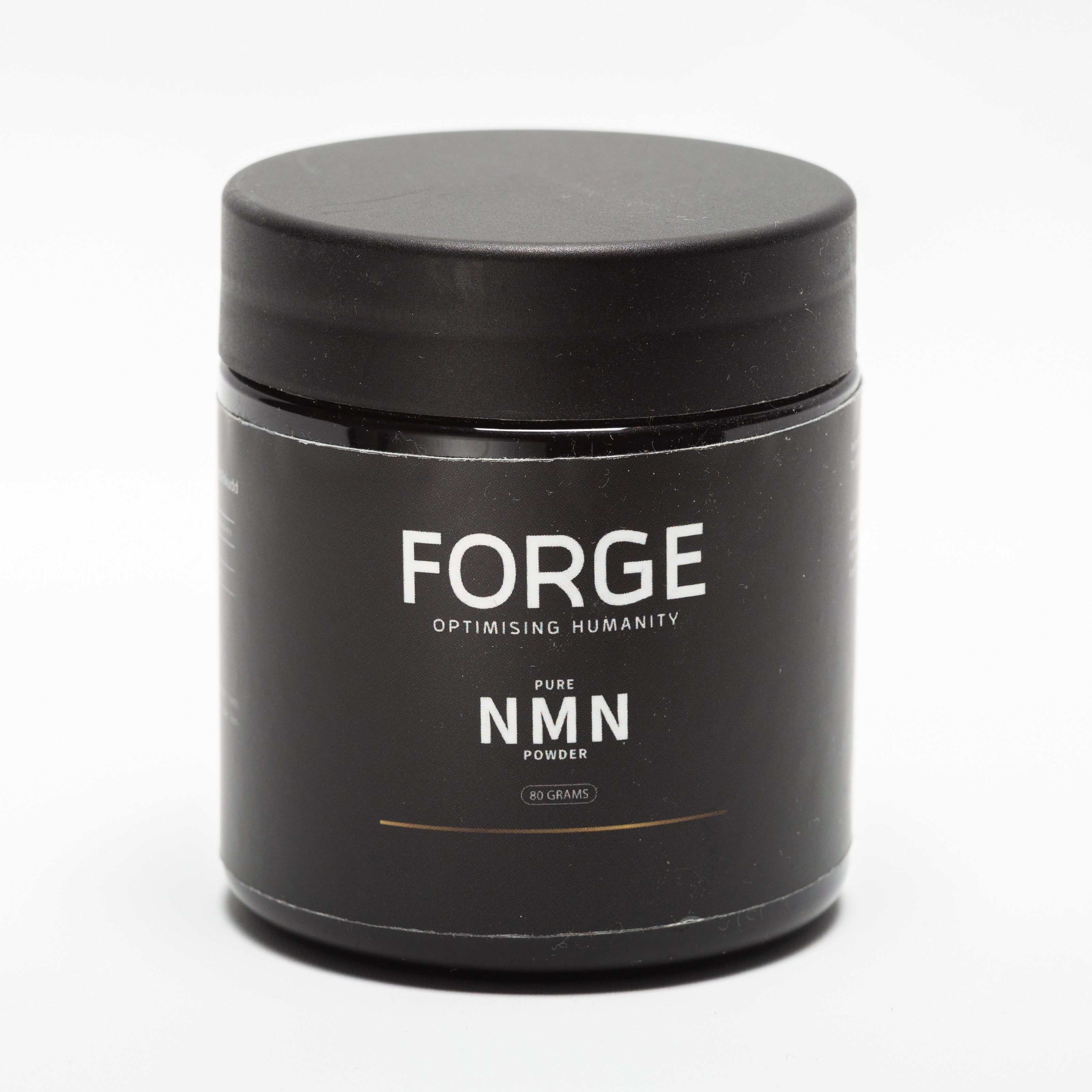 Black container labeled 'Forge' with 'Pure NMN Powder' on a white background