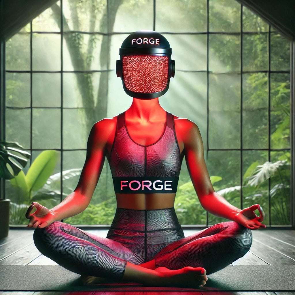 Kvinne i yogaposisjon med rødlys terapi maske fra Forge – kombinasjon av trening, helse og moderne longevity produkter i Oslo