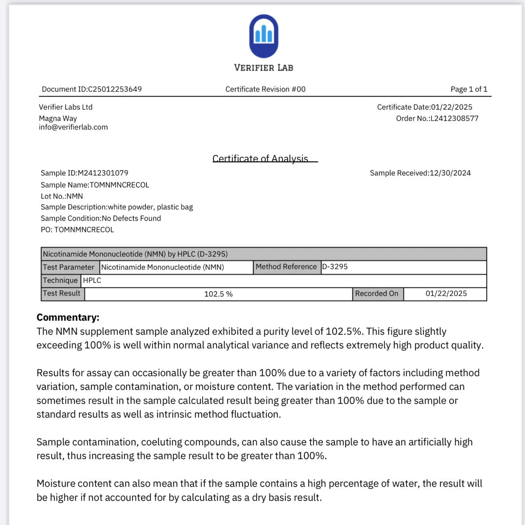 NMN nikotinamidmononukleotid pulver analysebevis fra Verifier Labs Ltd