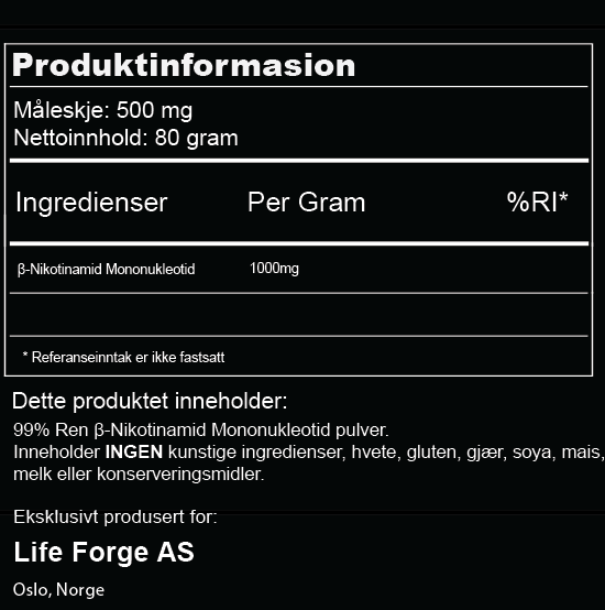 NMN kosttilskudd produktinformasjon og ingredienser per gram