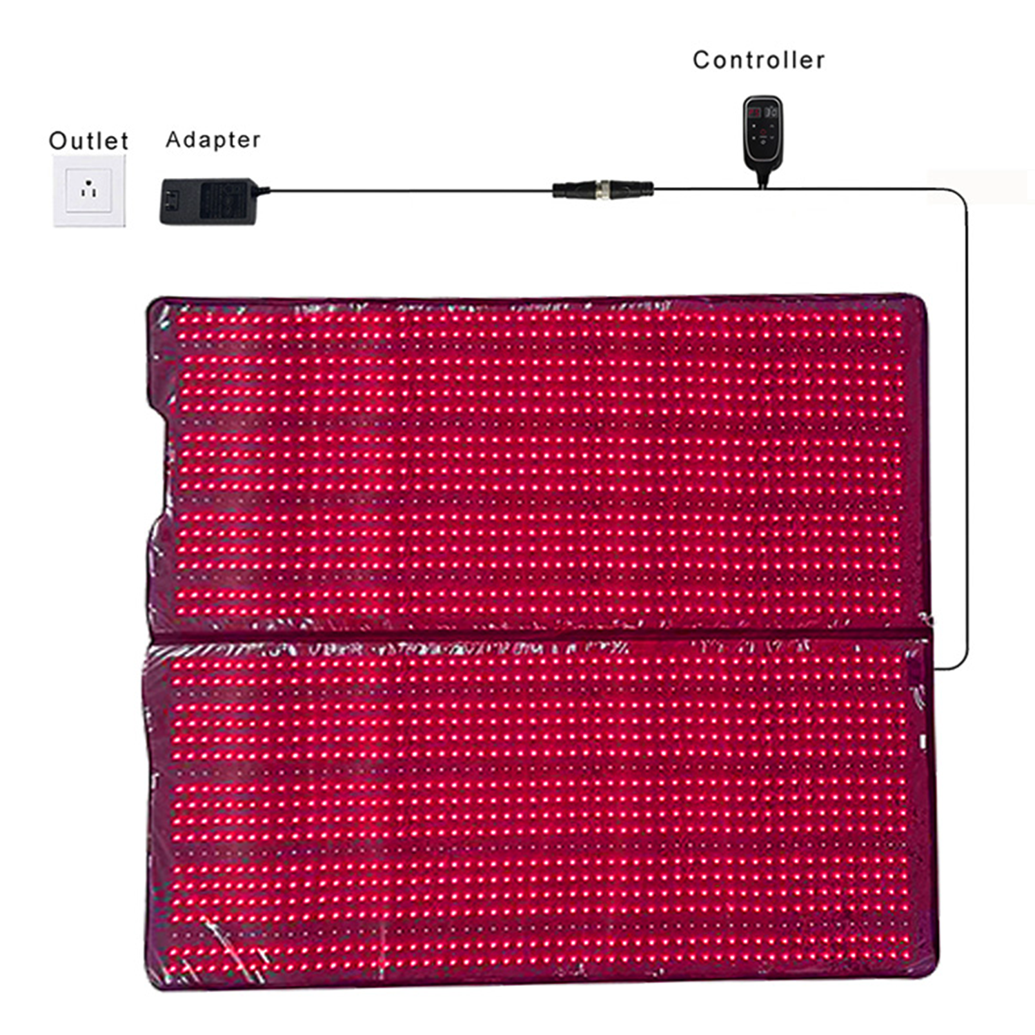 Red LED panel with controller, adapter, and outlet on a white background